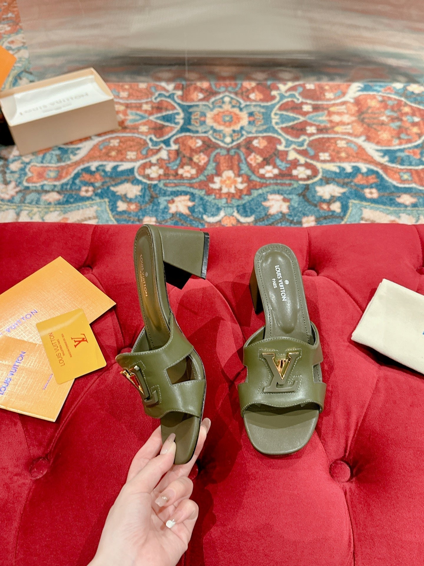 Louis Vuitton capri mule 45mm khaki green calfskin