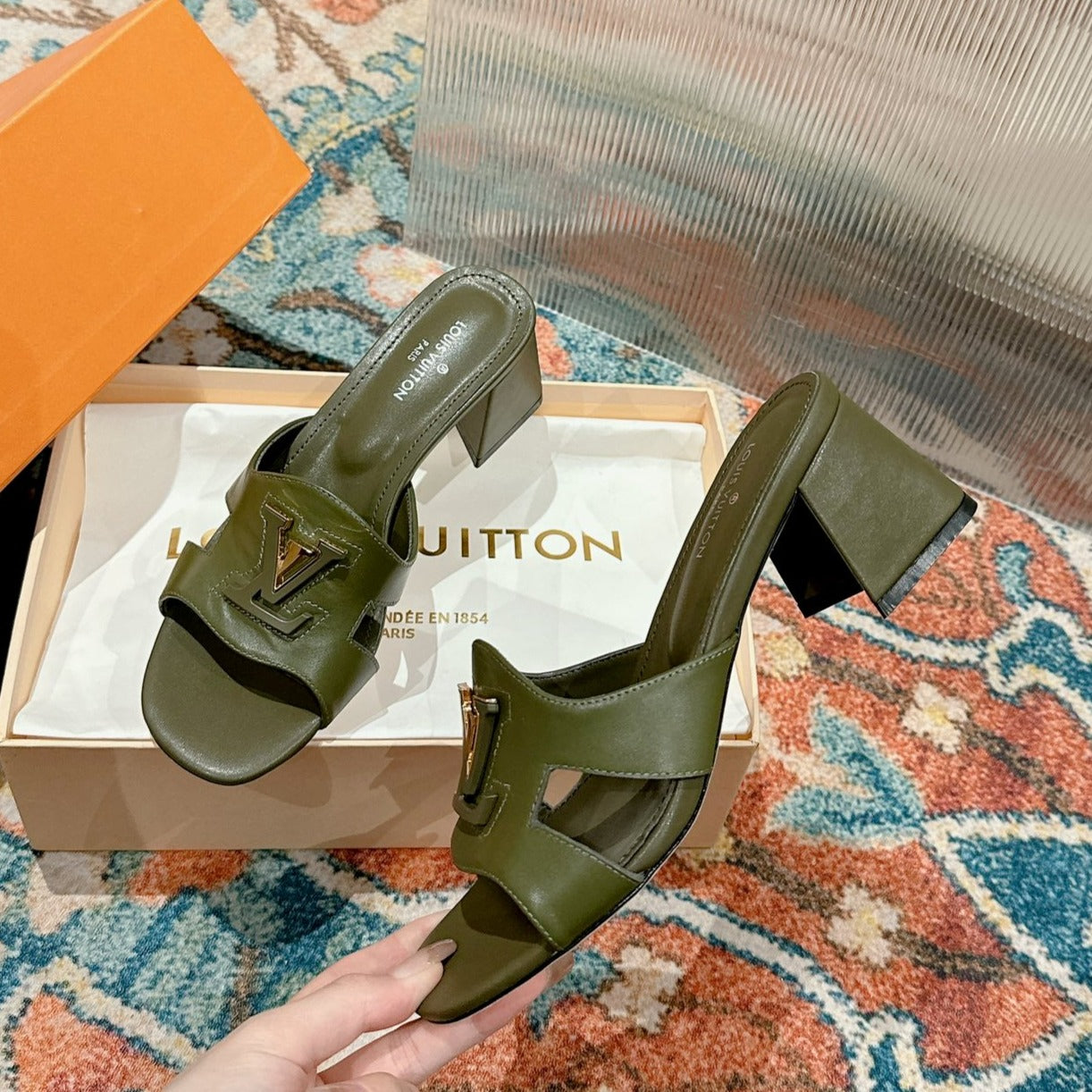 Louis Vuitton capri mule 45mm khaki green calfskin