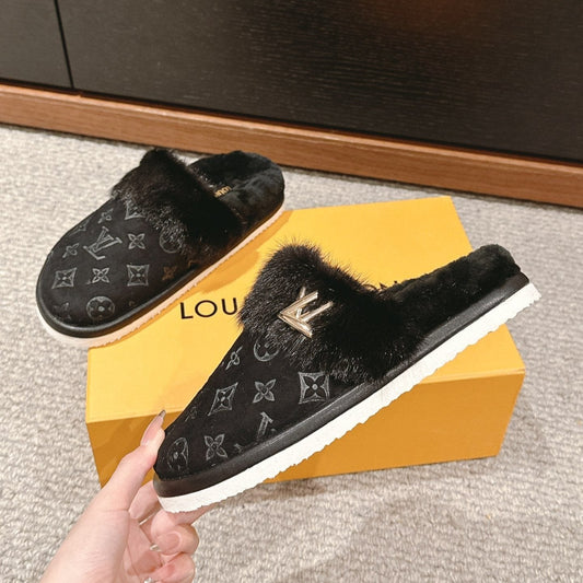 Louis Vuitton Flat Mule Black With Fur Monogram Suede