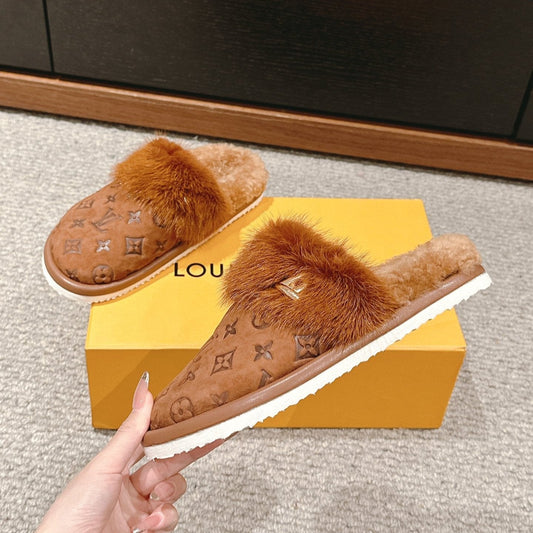 Louis Vuitton Flat Mule Brown With Fur Monogram Suede
