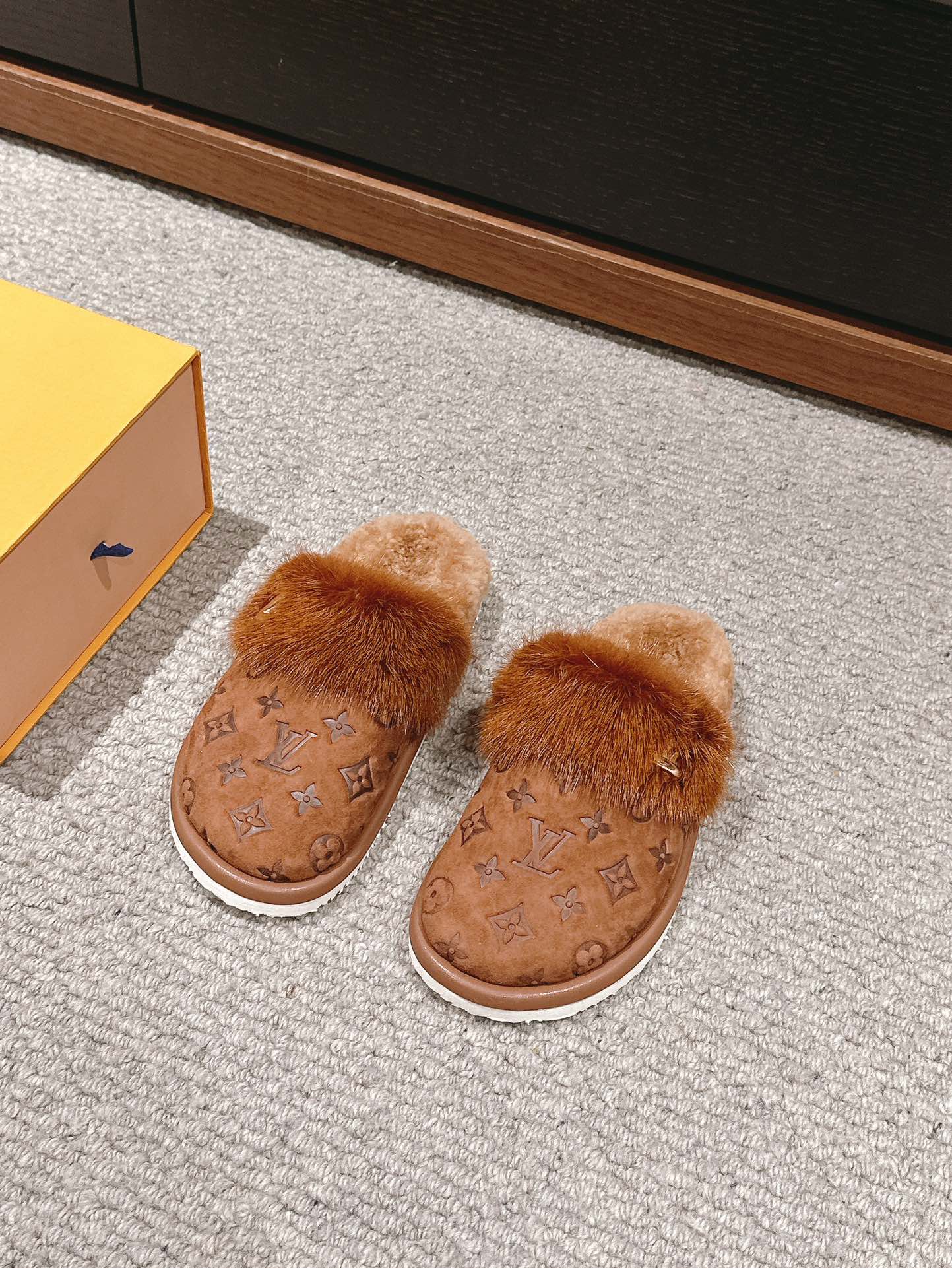 Louis Vuitton Flat Mule Brown With Fur Monogram Suede