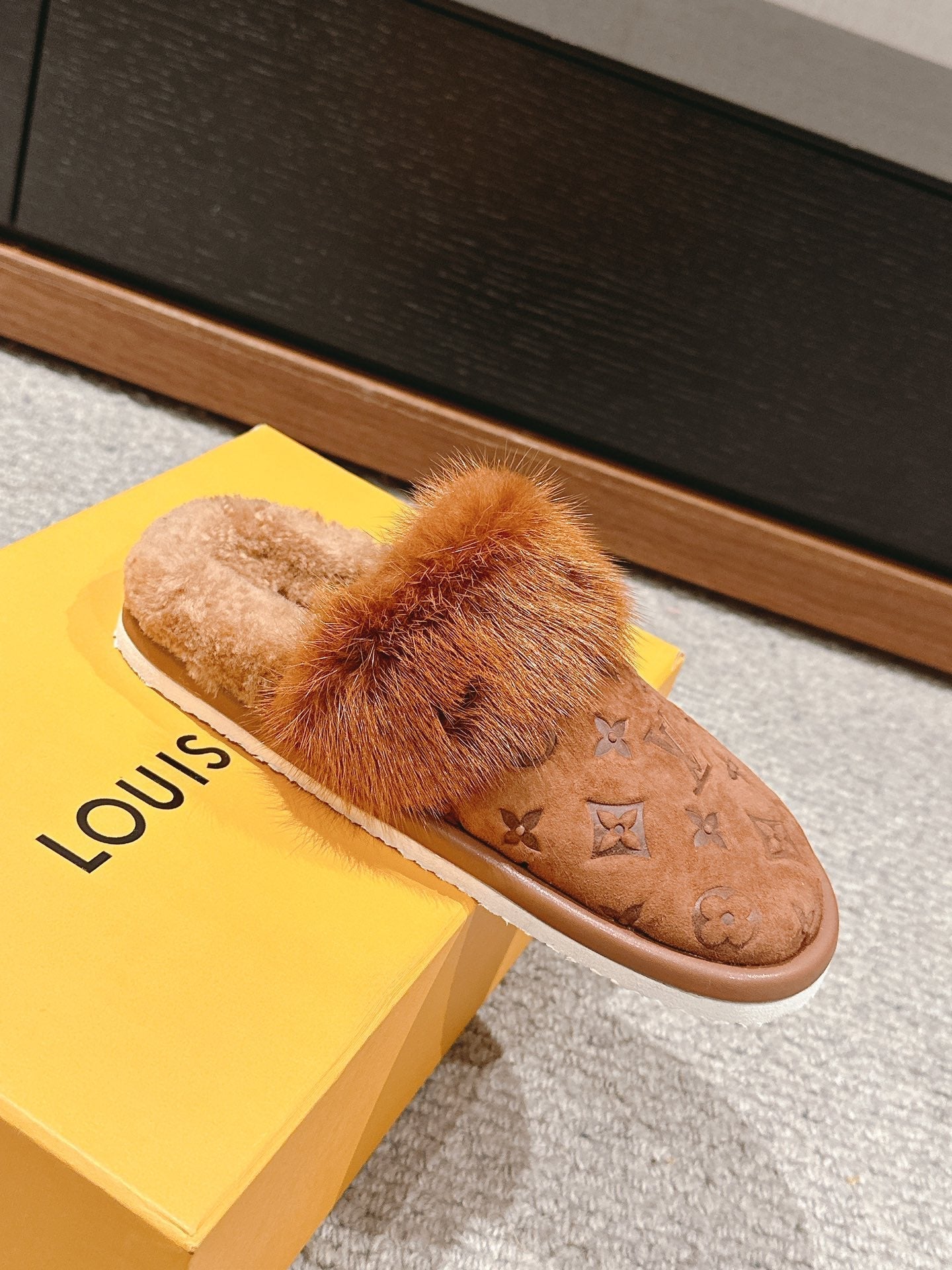 Louis Vuitton Flat Mule Brown With Fur Monogram Suede