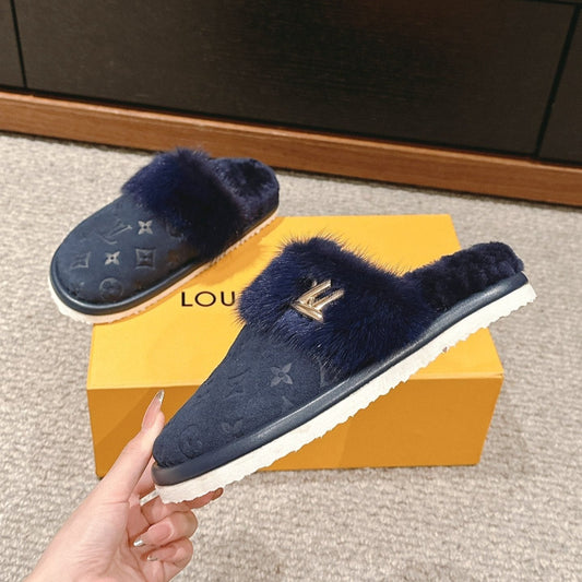 Louis Vuitton Flat Mule Charcoal Blue With Fur Monogram Suede