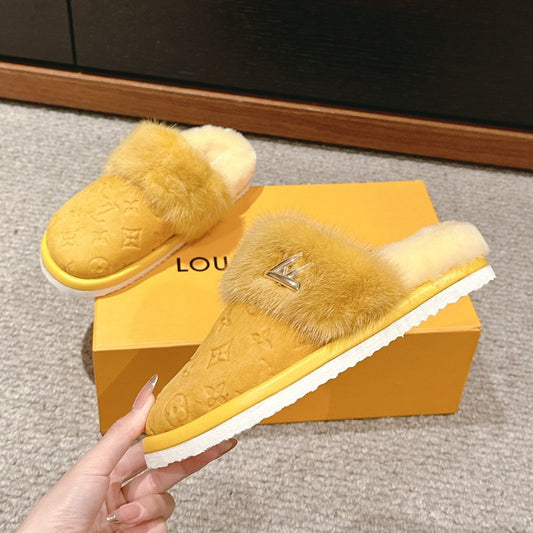 Louis Vuitton Flat Mule Yellow With Fur Monogram Suede