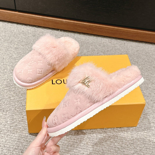 Louis Vuitton Flat Mule Pink With Fur Monogram Suede