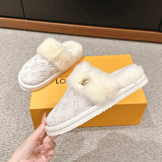 Louis Vuitton Flat Mule White With Fur Monogram Suede