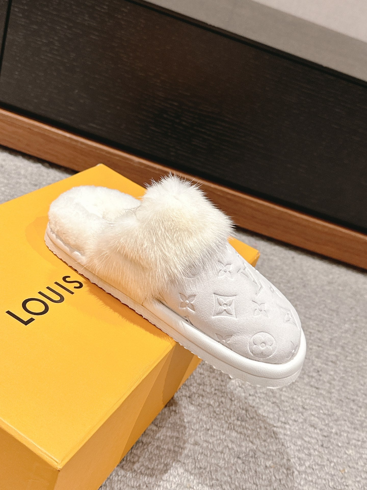 Louis Vuitton Flat Mule White With Fur Monogram Suede