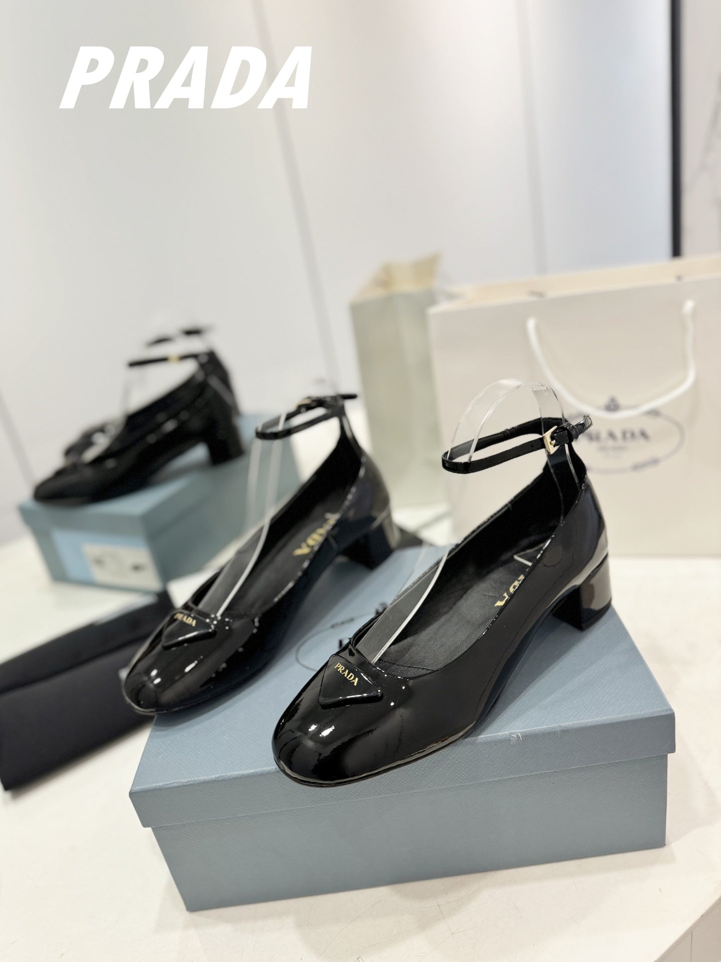 PRADA Pumps 40 Square Sole Black Patent Leather