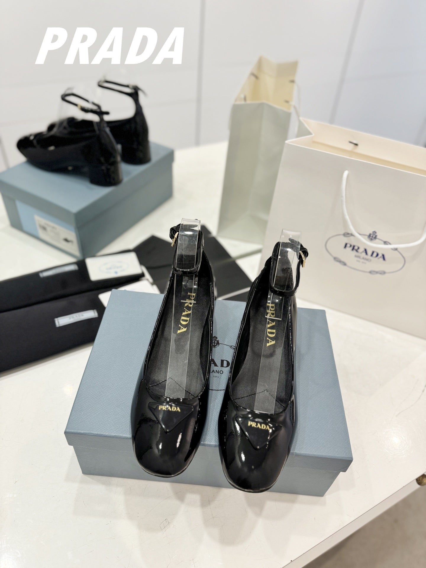 PRADA Pumps 40 Square Sole Black Patent Leather