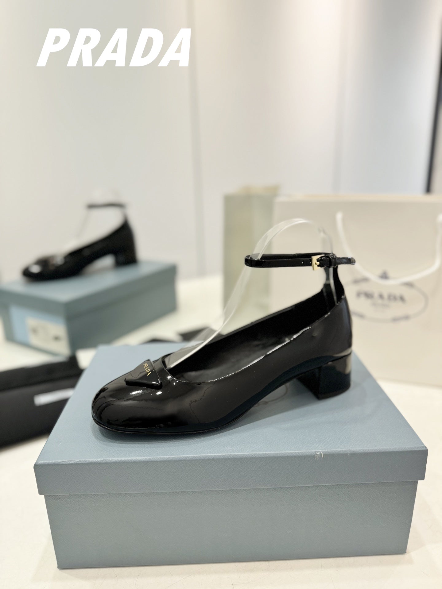 PRADA Pumps 40 Square Sole Black Patent Leather