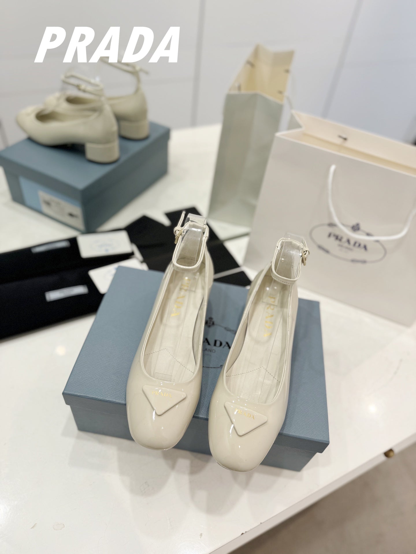 PRADA Ballerina Pumps 40 White Patent Calfskin