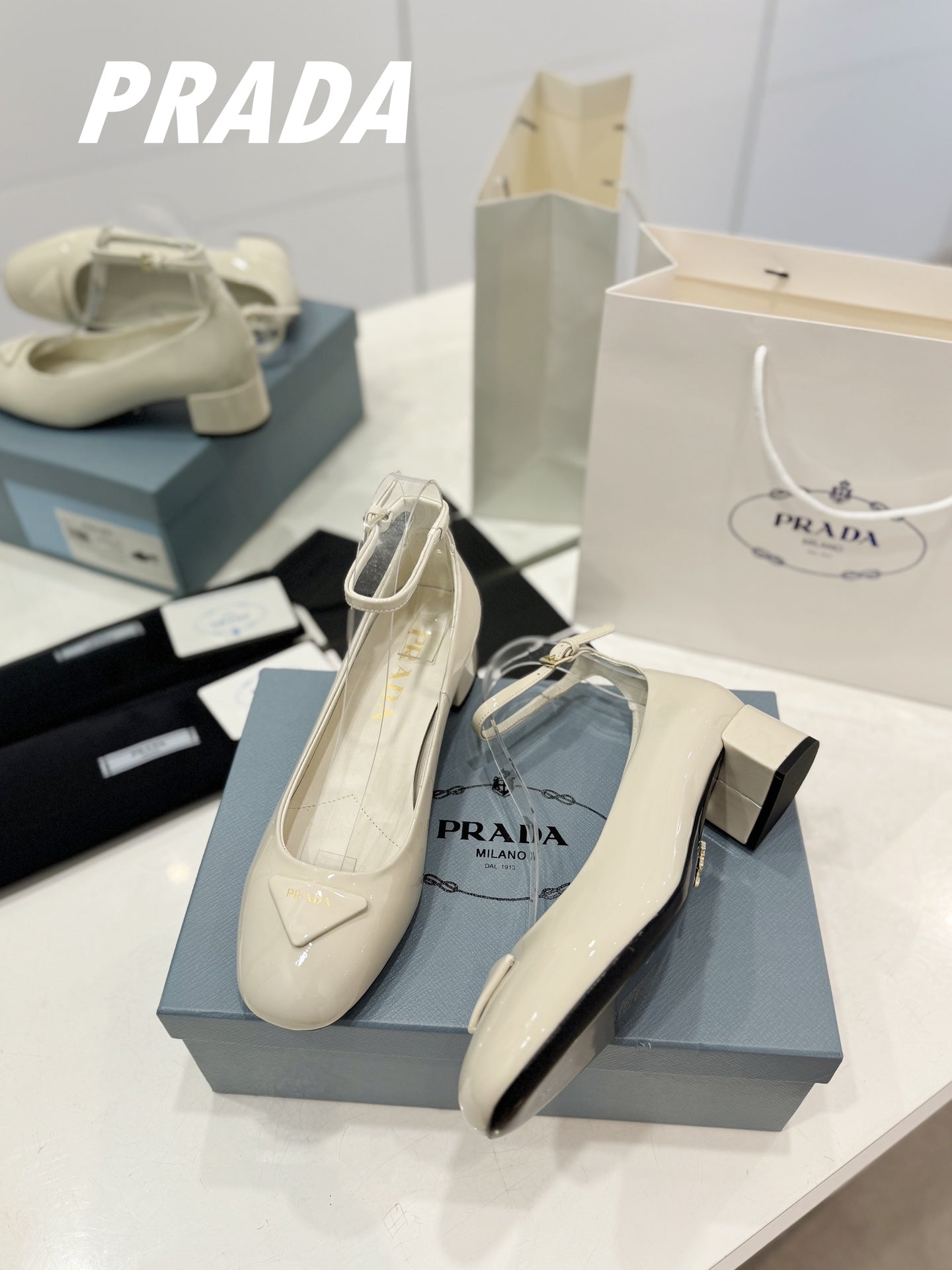 PRADA Ballerina Pumps 40 White Patent Calfskin