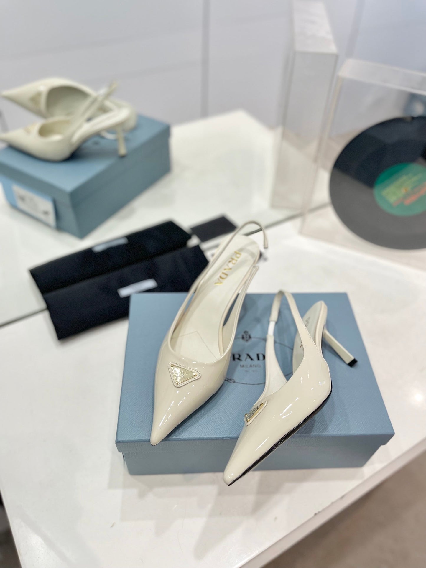 PRADA Slingback Pumps 75 White Patent Leather