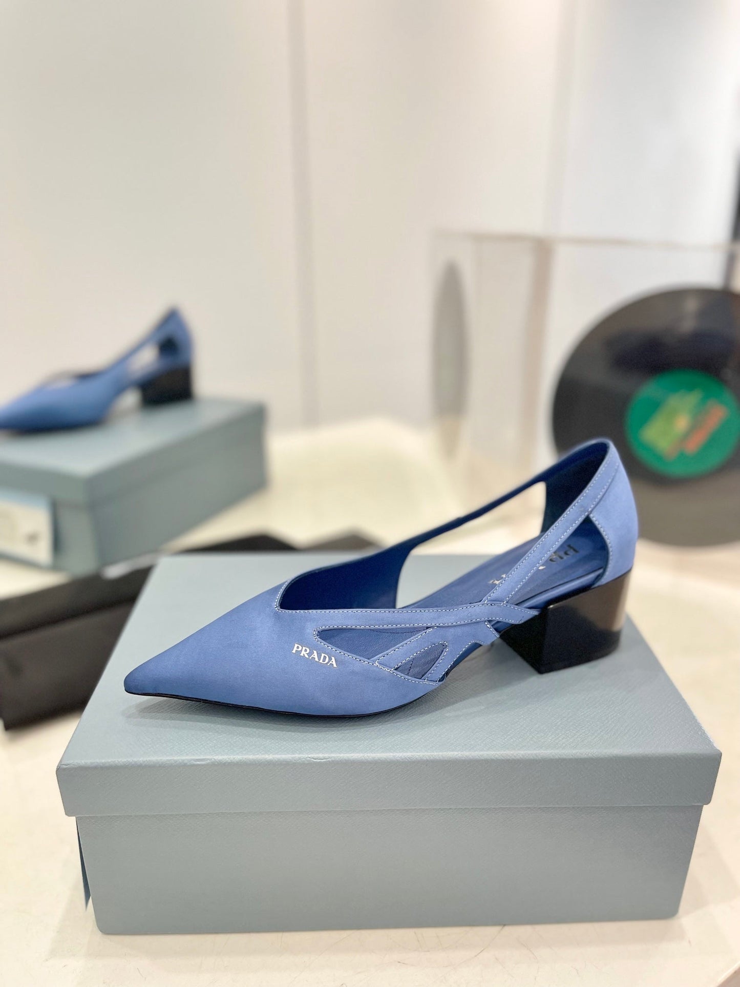 PRADA Pumps 50 Square Sole Light Blue Suede Fabric