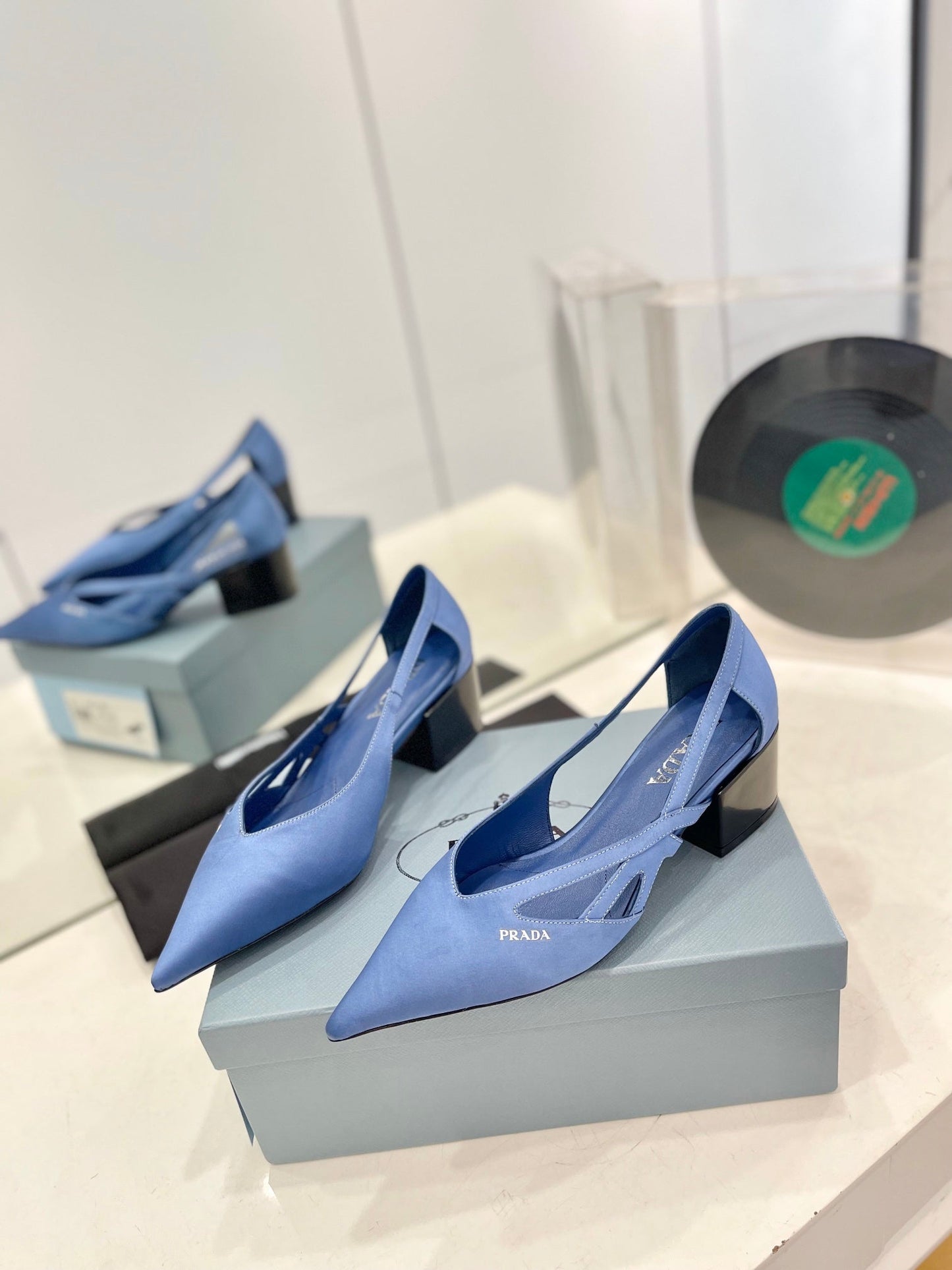 PRADA Pumps 50 Square Sole Light Blue Suede Fabric