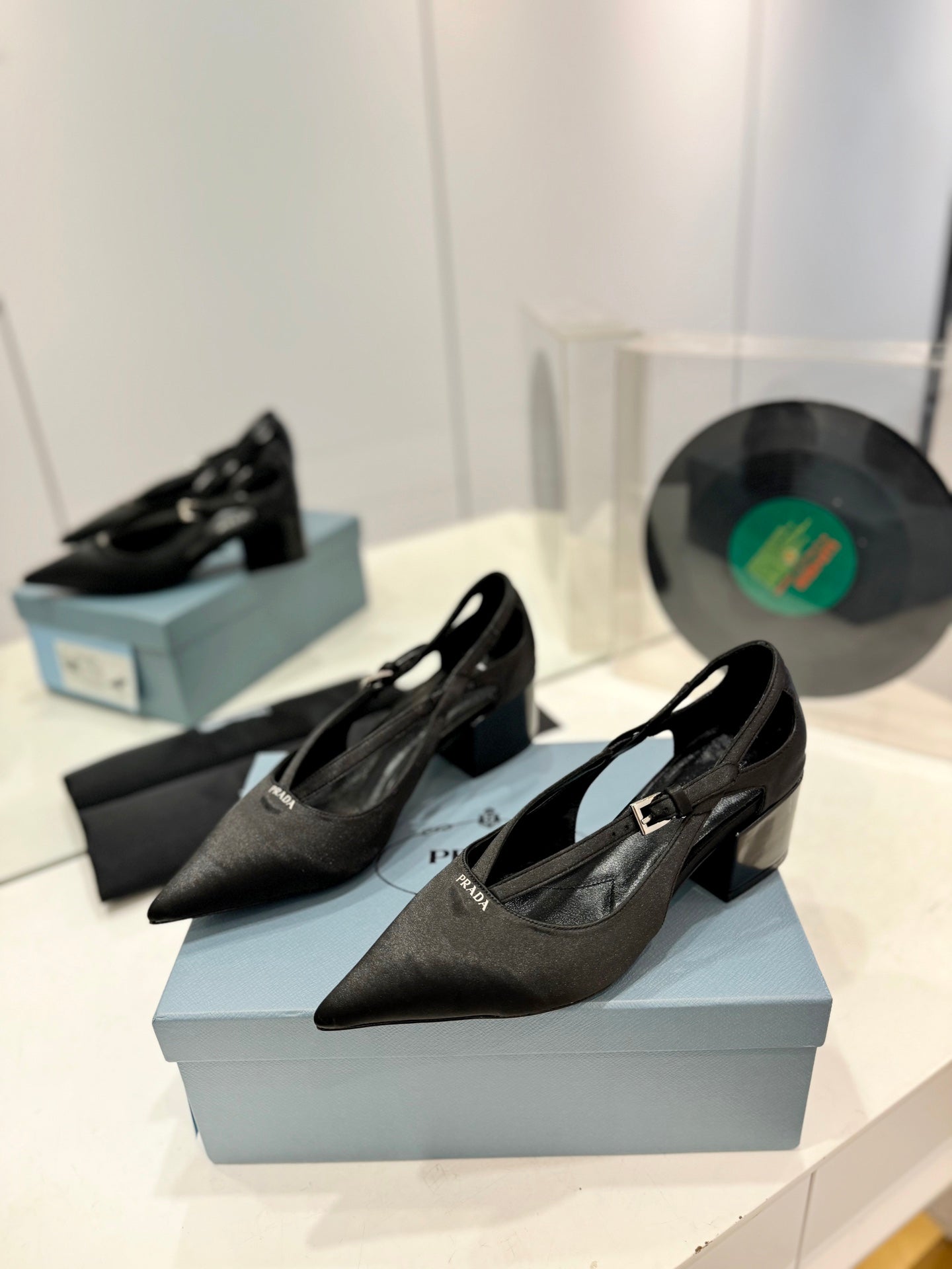 PRADA Pumps 50 Square Sole Black Suede Fabric