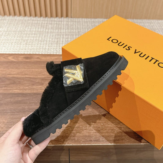 Louis Vuitton Cosy Flat Comfort Clog Black Fur Lining Suede