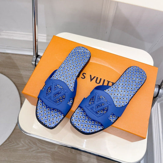 Louis Vuitton sandal isola flat mule blue calfskin star monogram