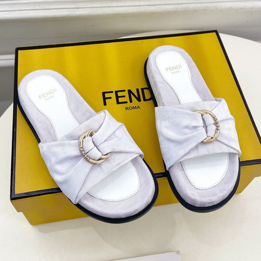FENDI FENDI FLAT SLIPPER IN WHITE JACQUARD FABRIC WITH GOLD HARDWARE