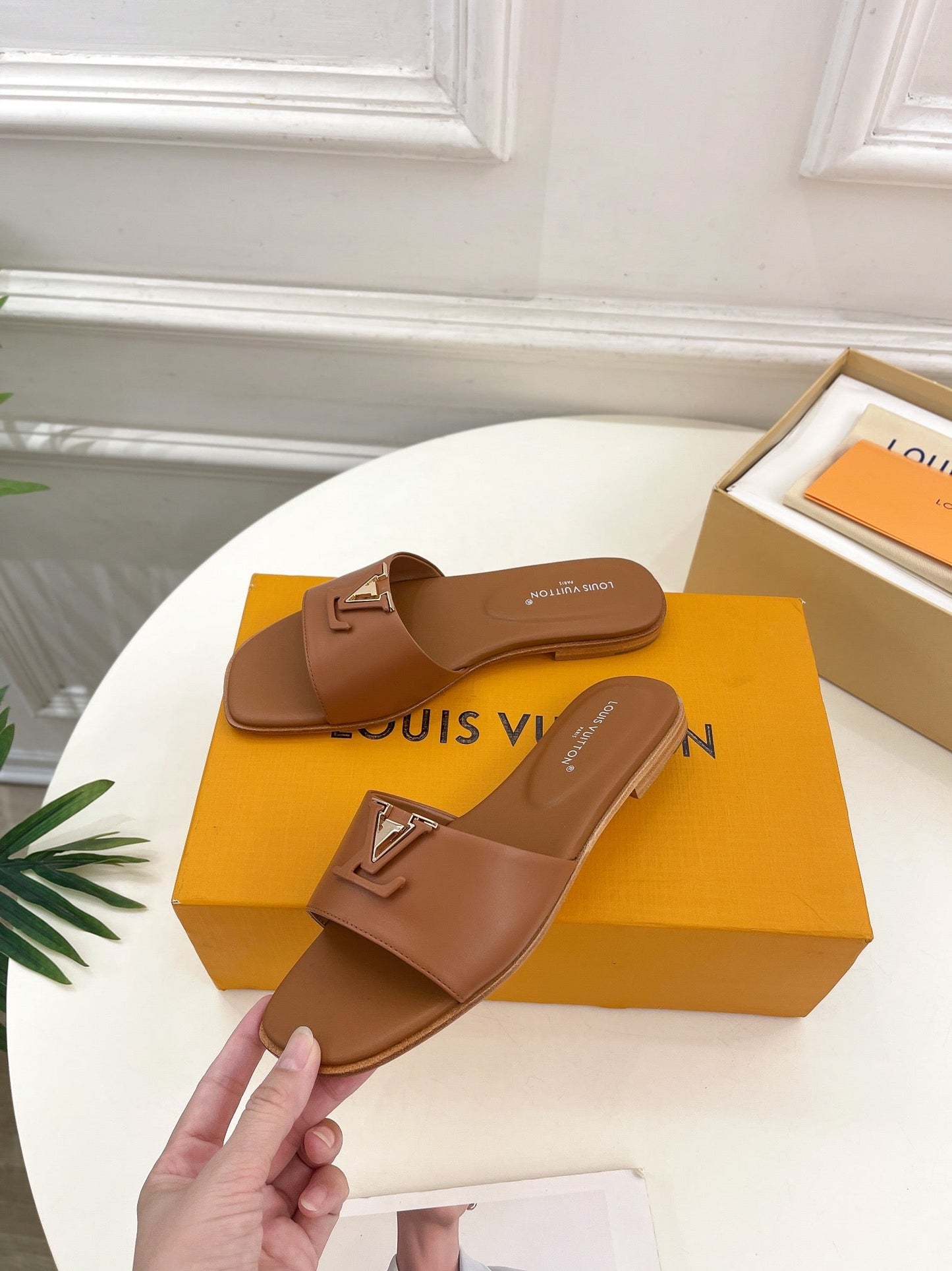 Louis Vuitton capri flat mule dark brown calfskin