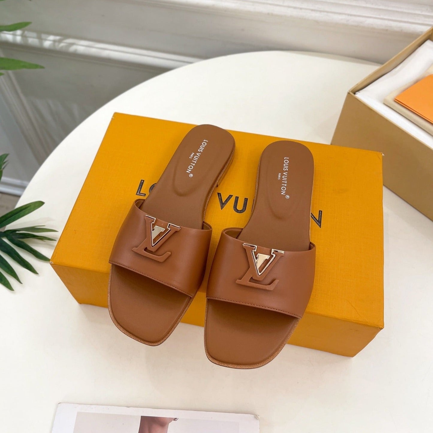 Louis Vuitton capri flat mule dark brown calfskin