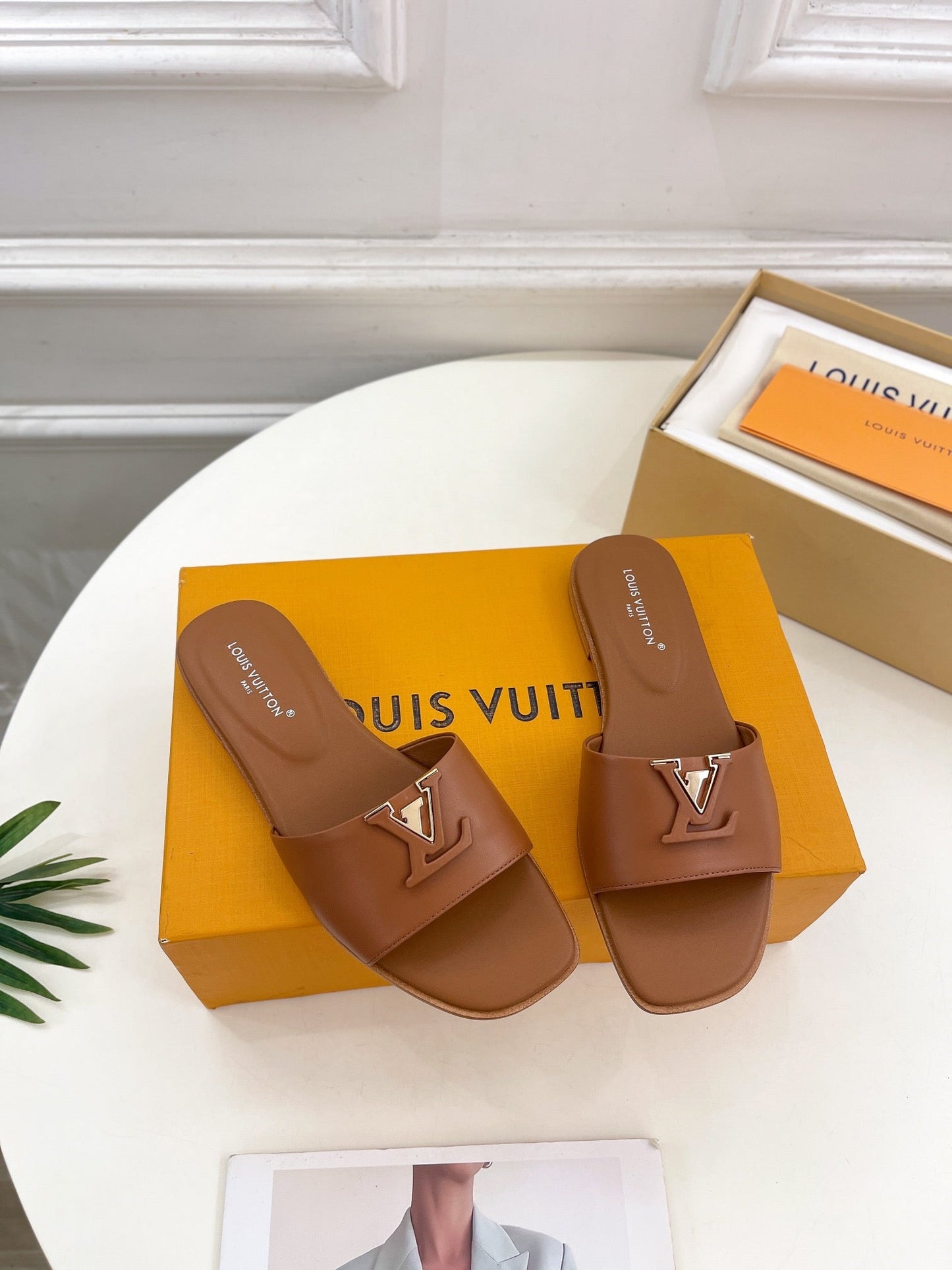 Louis Vuitton capri flat mule dark brown calfskin