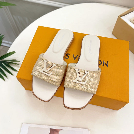 Louis Vuitton capri flat mule beige raffia cream calfskin