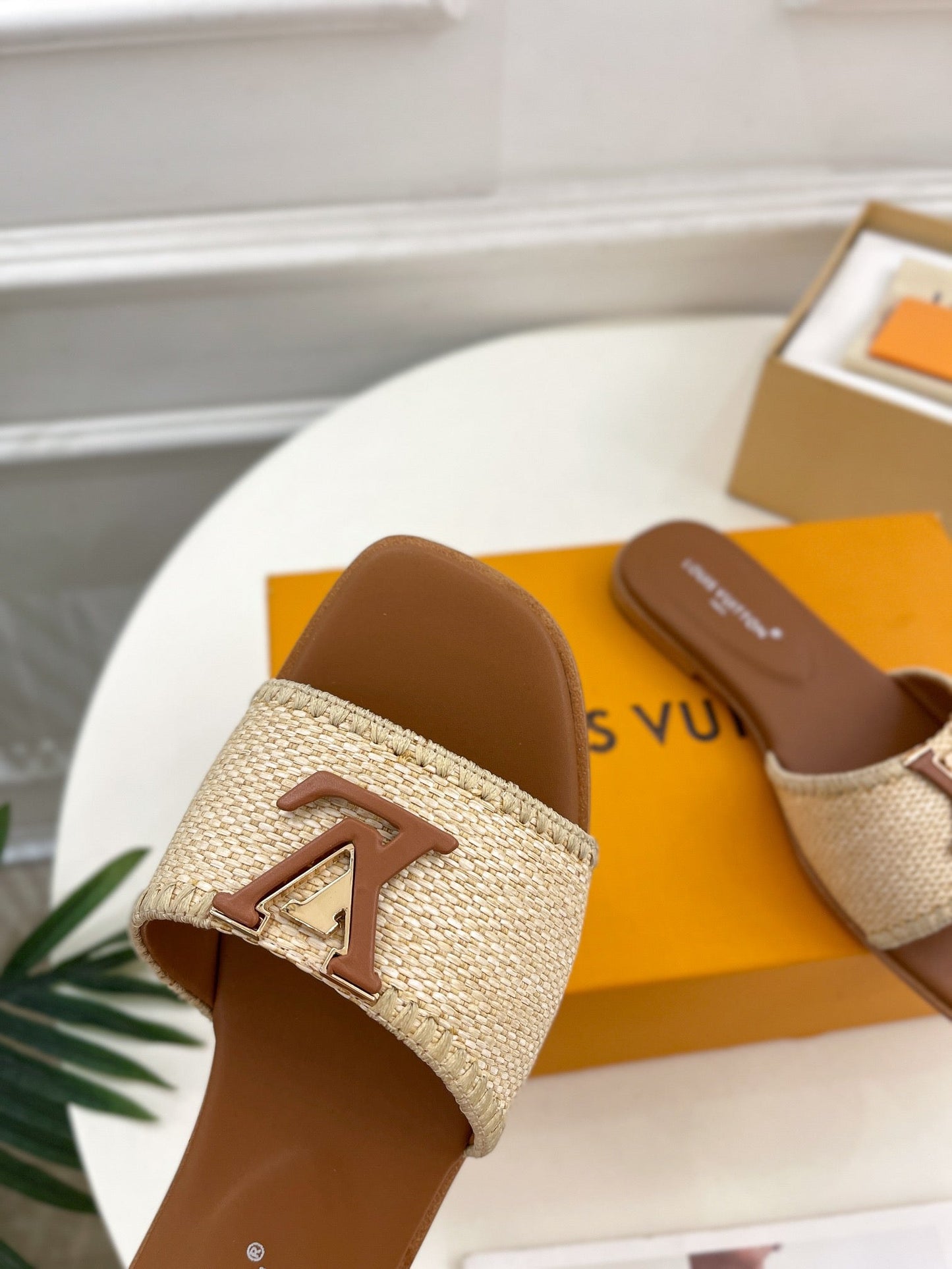 Louis Vuitton capri flat mule beige raffia dark brown calfskin