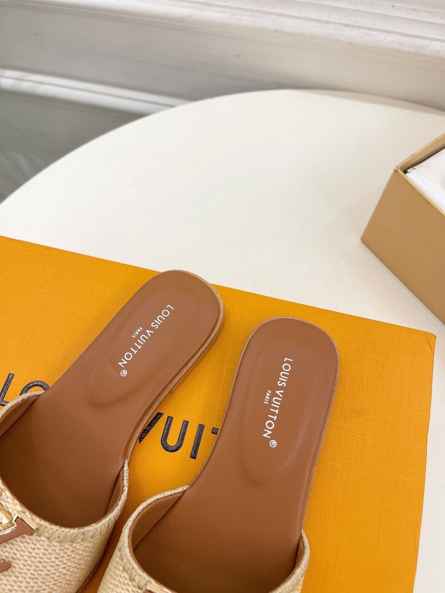 Louis Vuitton capri flat mule beige raffia dark brown calfskin