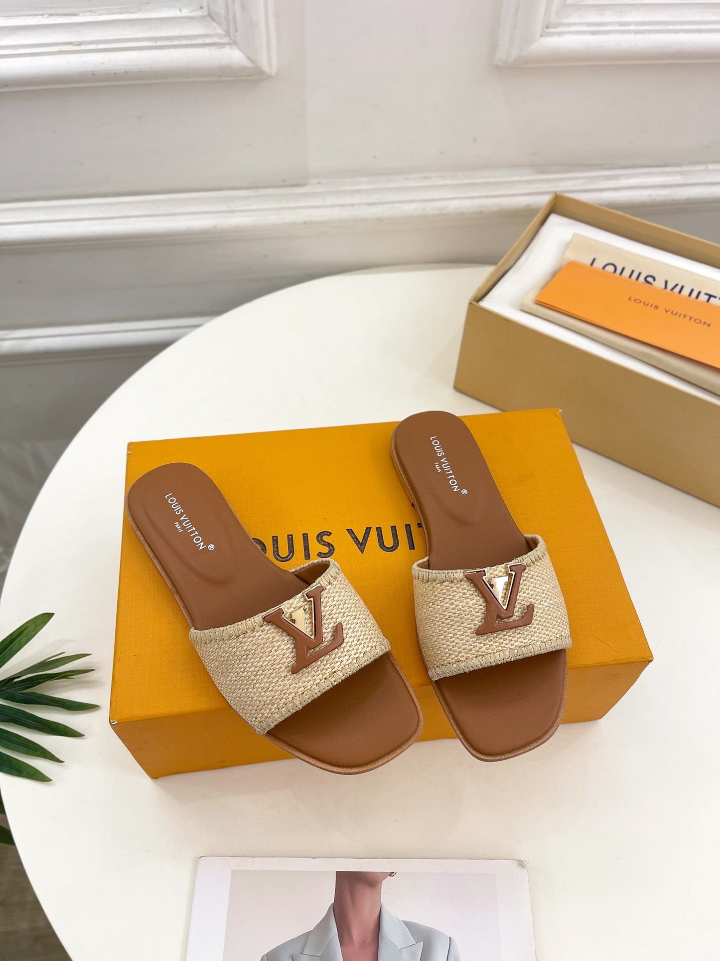 Louis Vuitton capri flat mule beige raffia dark brown calfskin