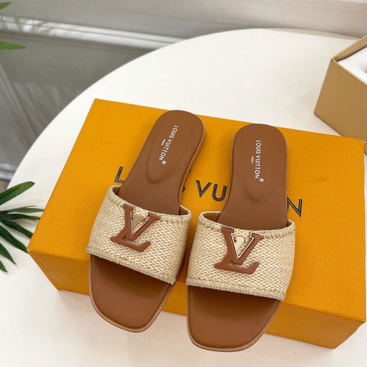 Louis Vuitton capri flat mule beige raffia dark brown calfskin