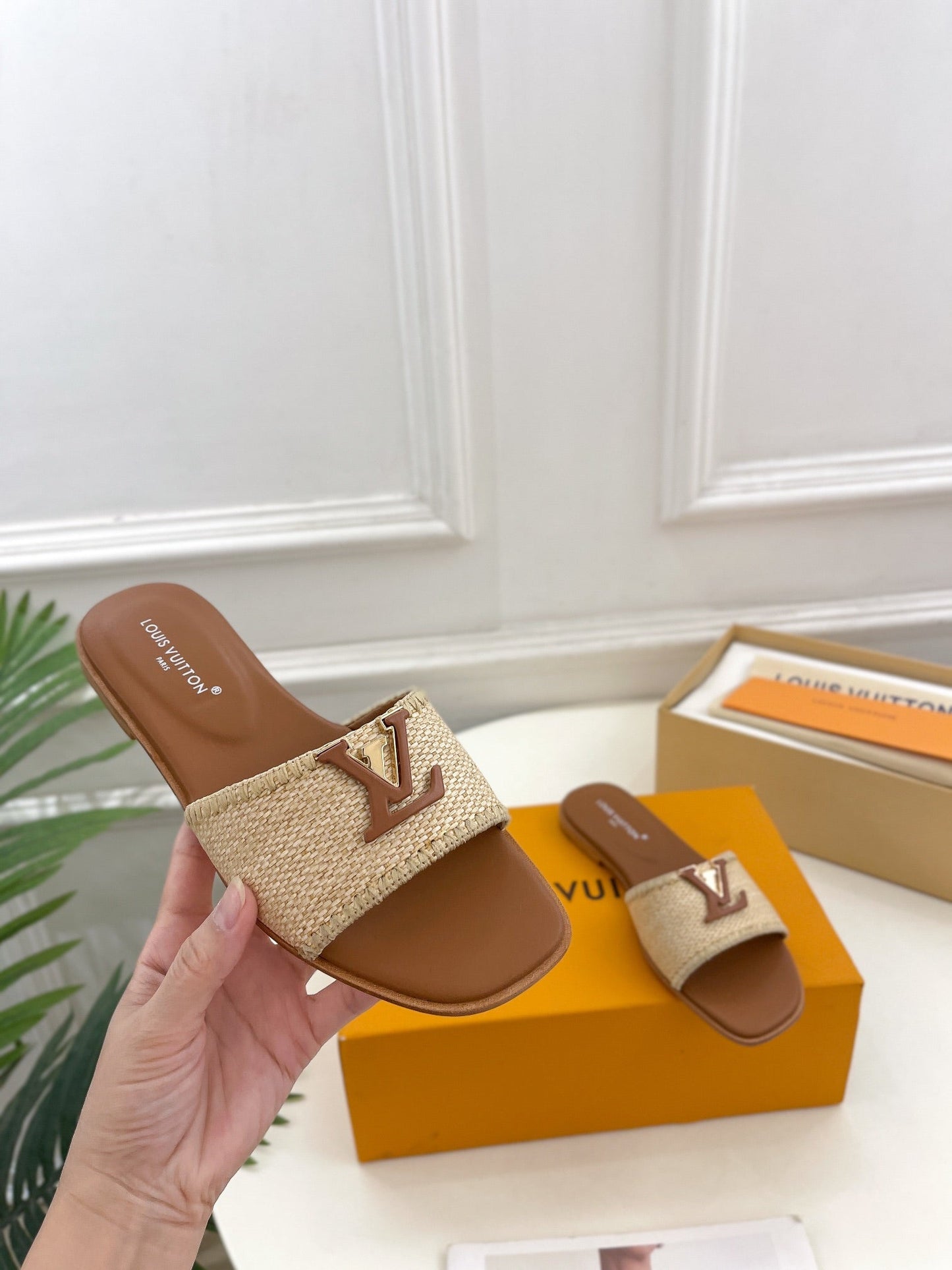 Louis Vuitton capri flat mule beige raffia dark brown calfskin