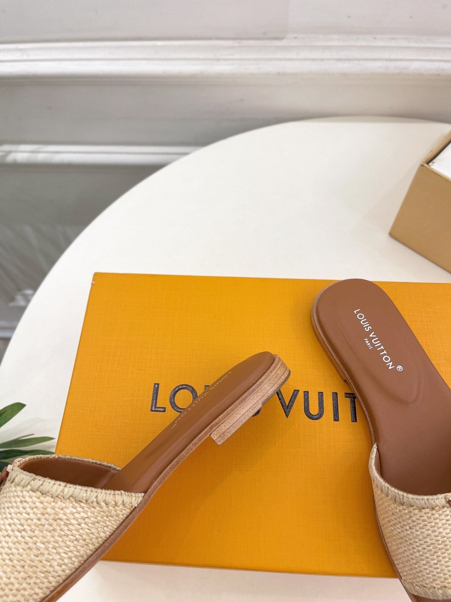 Louis Vuitton capri flat mule beige raffia dark brown calfskin