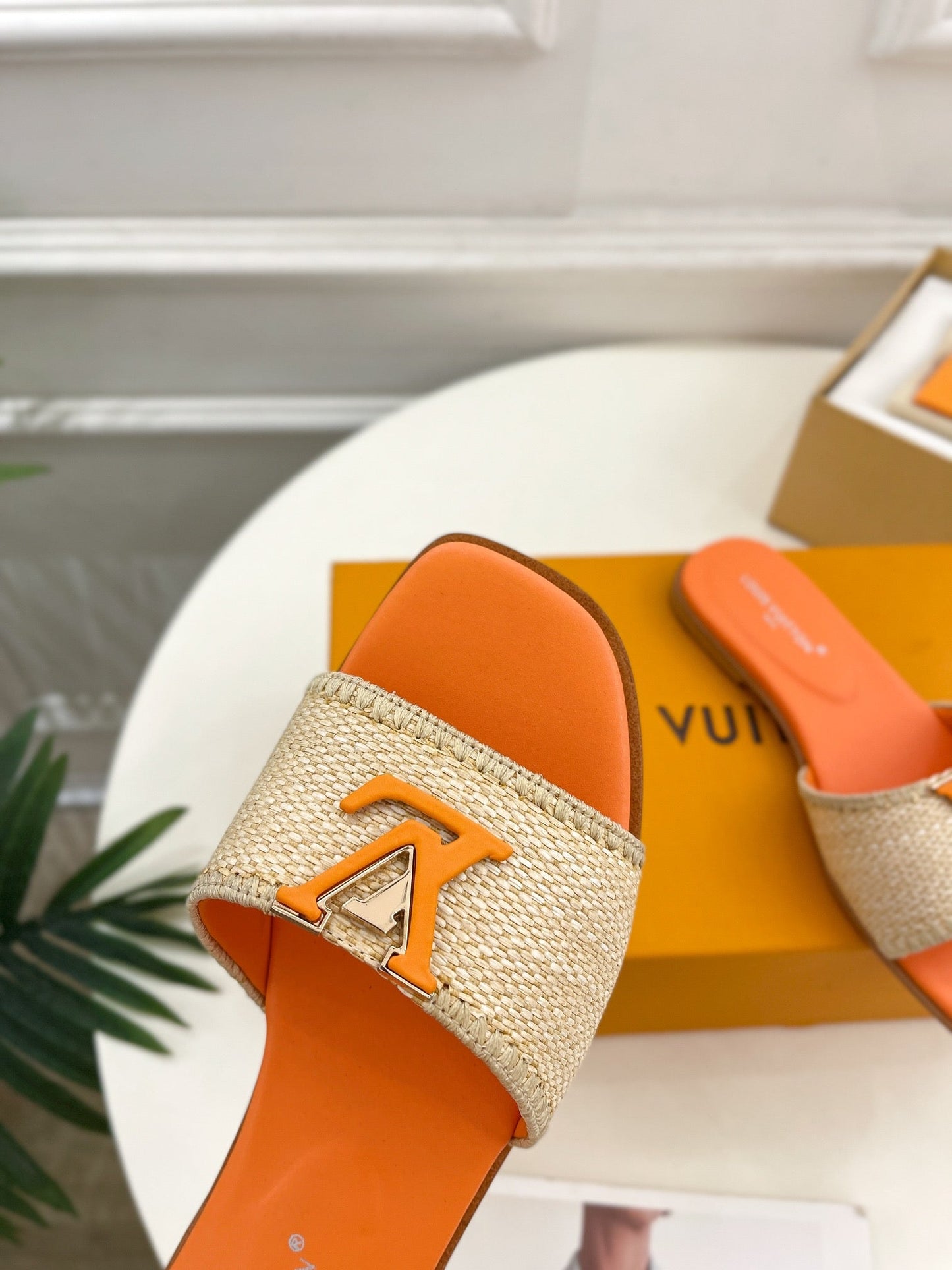 Louis Vuitton capri flat mule beige raffia orange calfskin