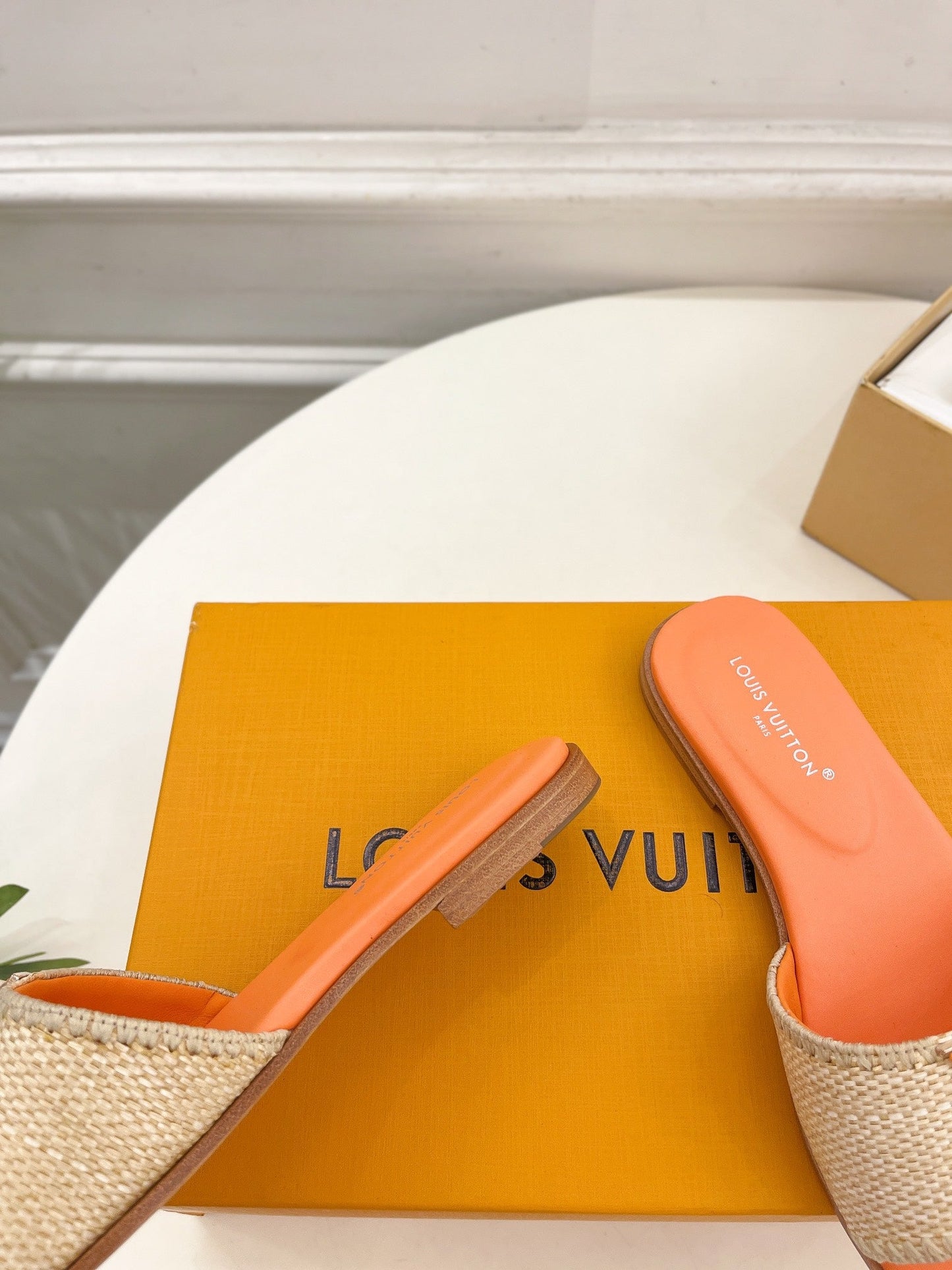 Louis Vuitton capri flat mule beige raffia orange calfskin