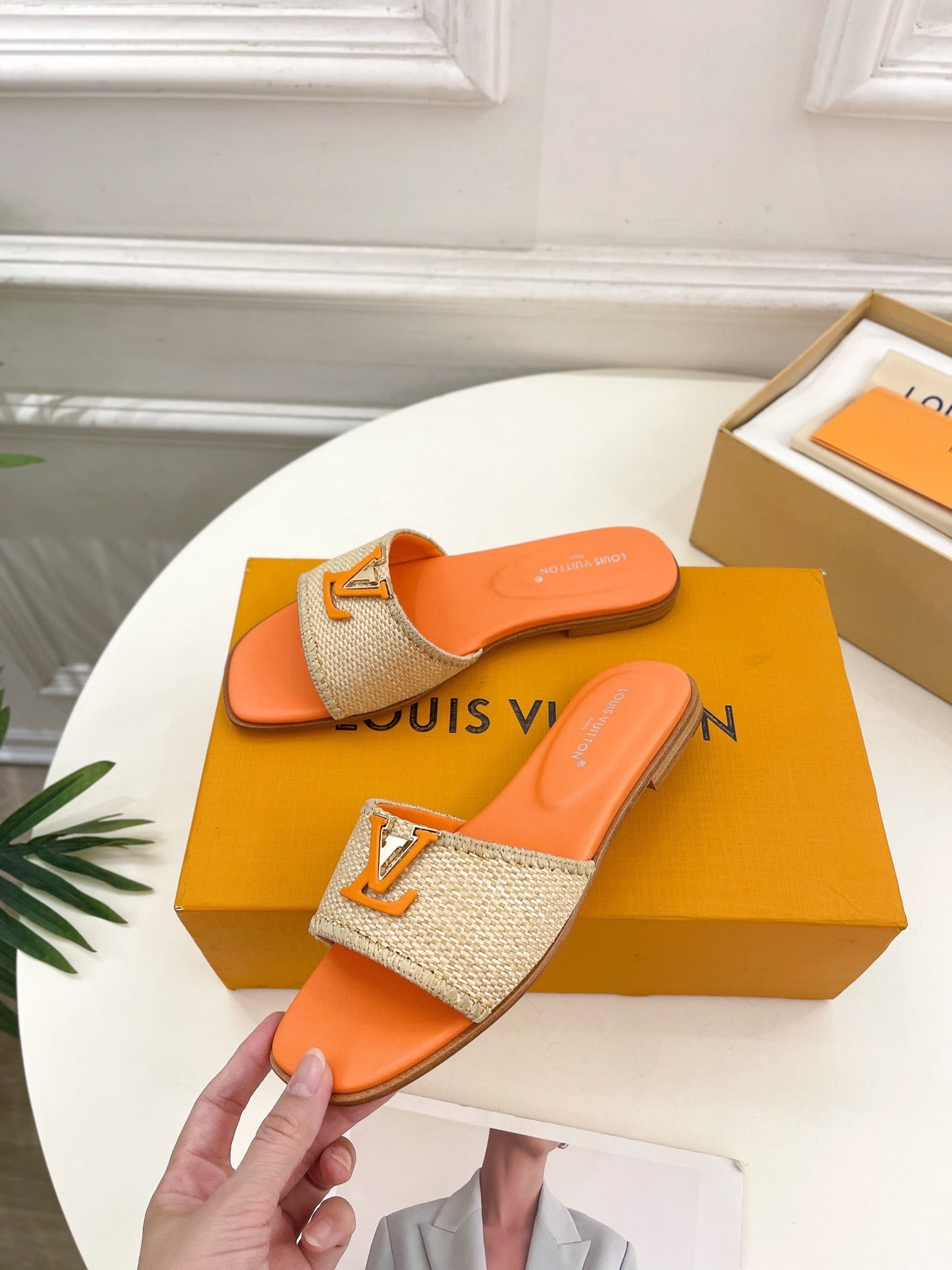 Louis Vuitton capri flat mule beige raffia orange calfskin