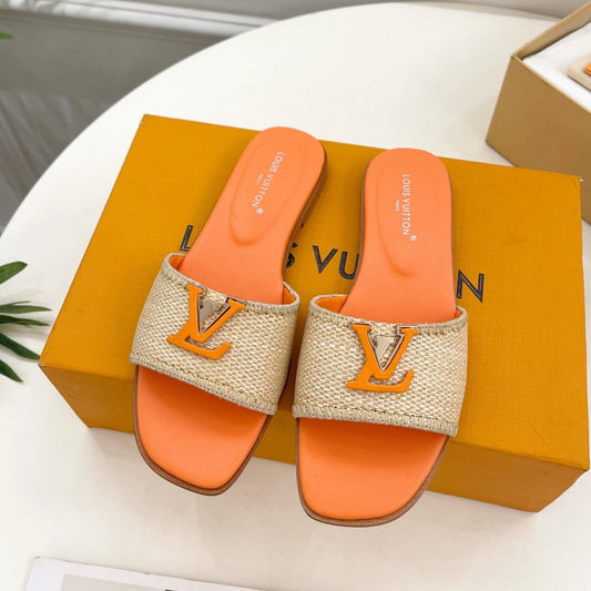 Louis Vuitton capri flat mule beige raffia orange calfskin