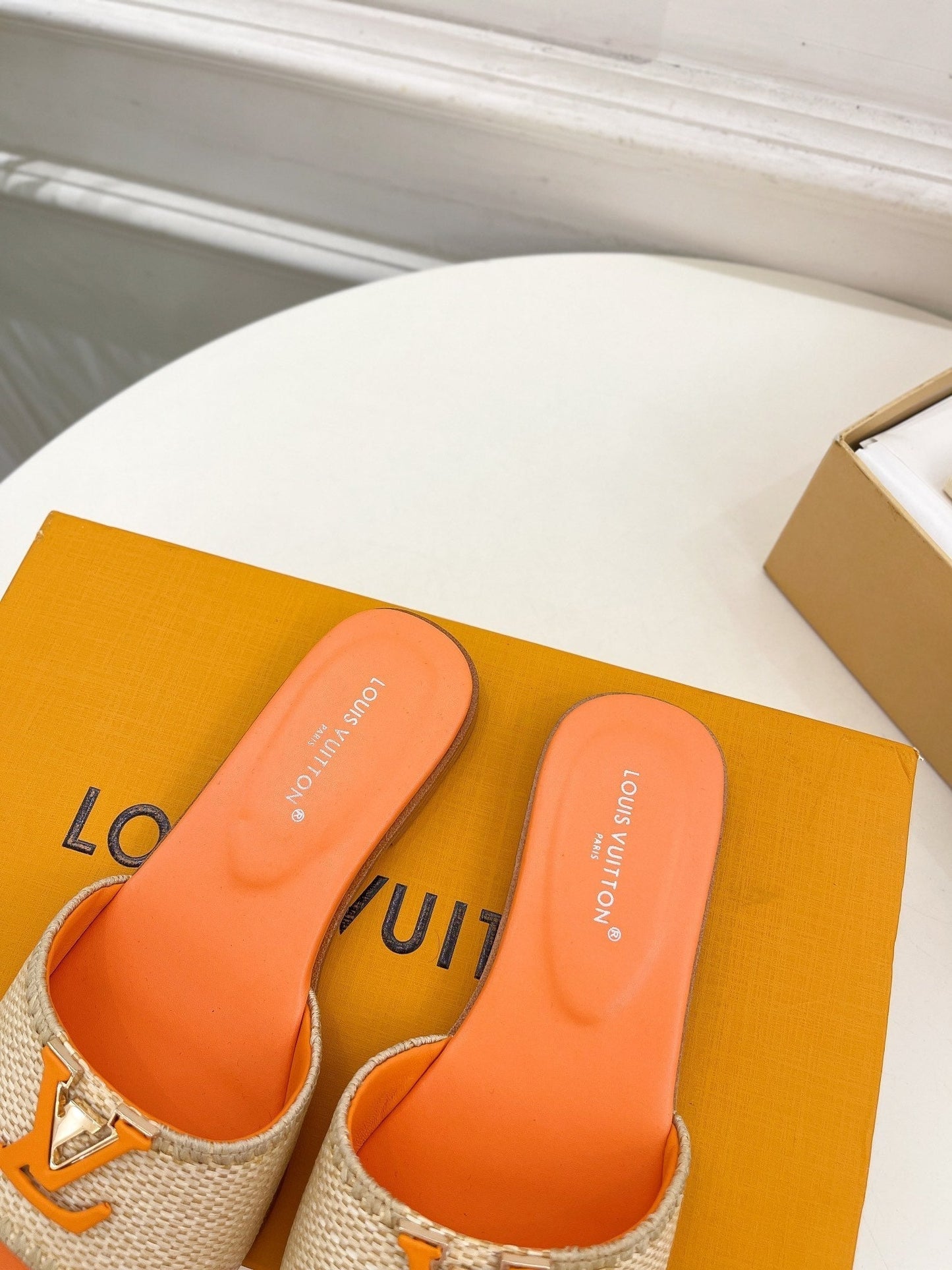 Louis Vuitton capri flat mule beige raffia orange calfskin