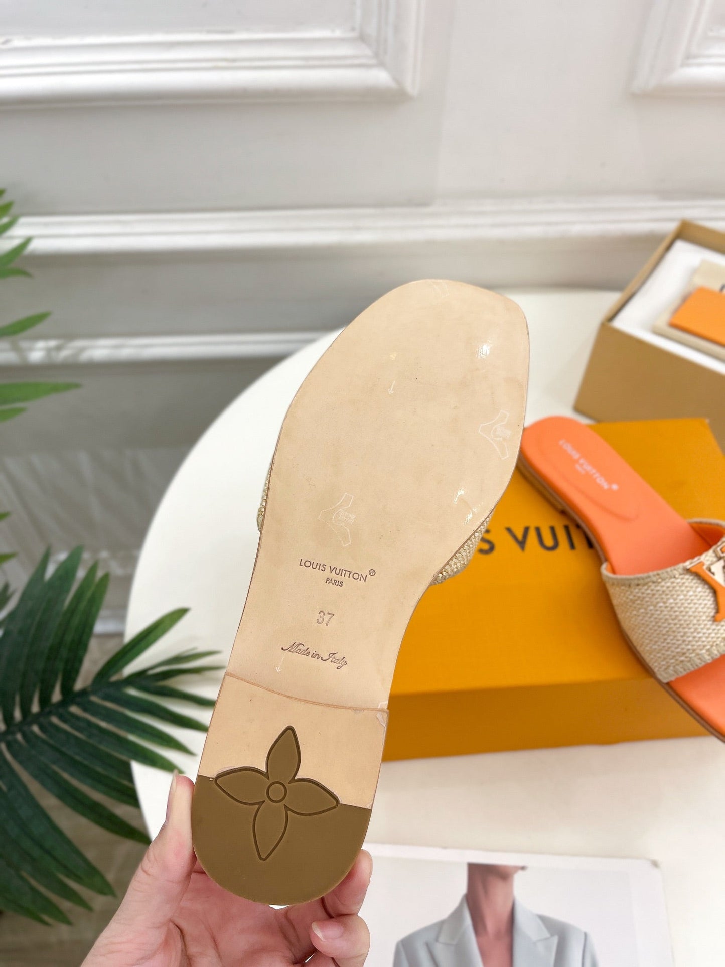 Louis Vuitton capri flat mule beige raffia orange calfskin