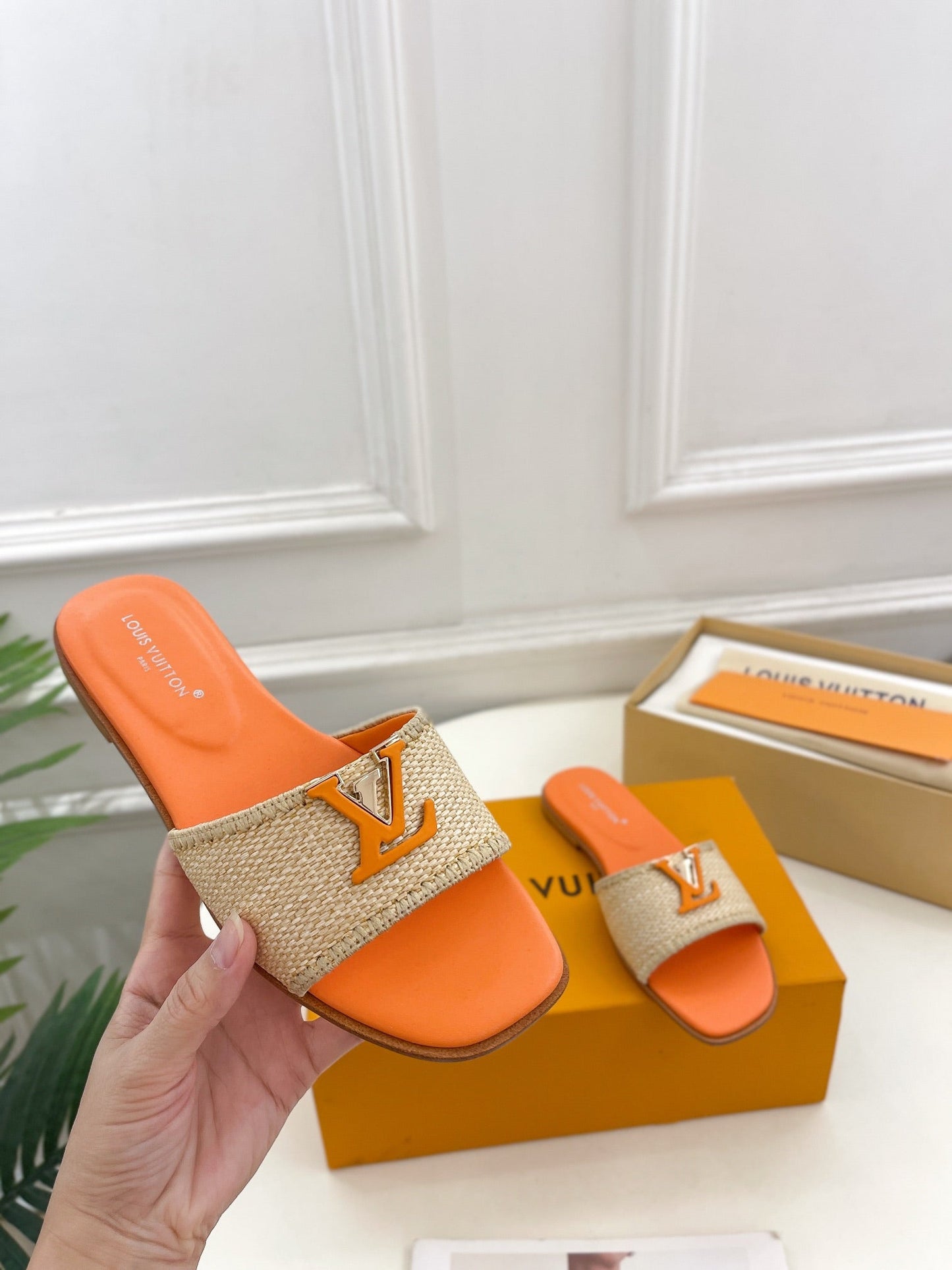 Louis Vuitton capri flat mule beige raffia orange calfskin