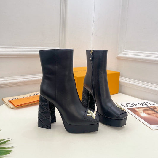 Louis Vuitton Shake Platform Ankle Boot 120mm Plain Black Calfskin