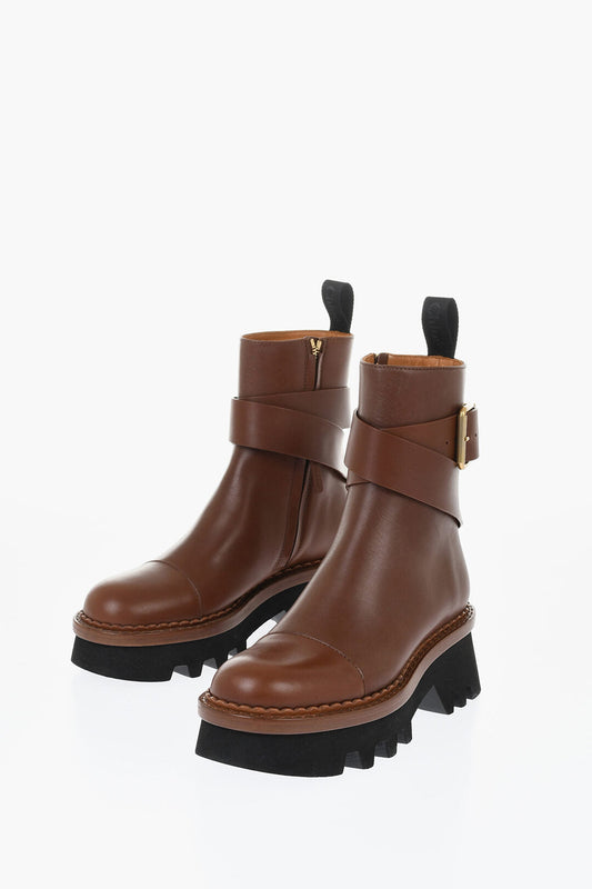 Chloe Leather Boots With Buckle Detail And Tank Sole 5 Brown