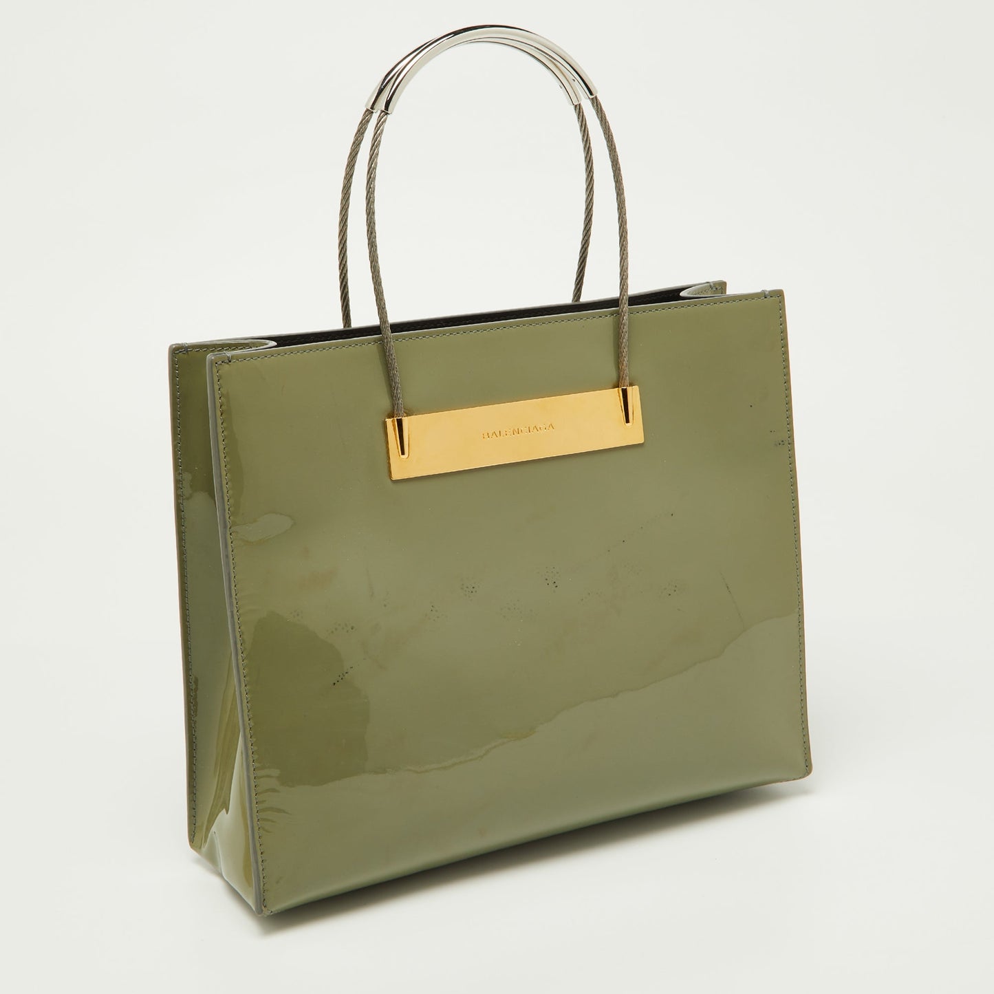 BALENCIAGA Grey Patent Leather Small Cable Shopper Tote