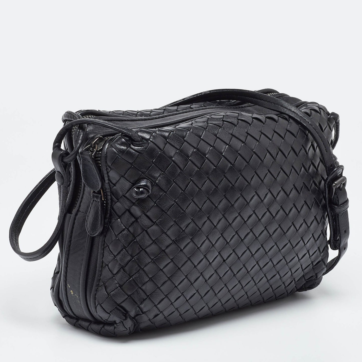 BOTTEGA VENETA Black Intrecciato Leather Nodini Double Zip Crossbody Bag
