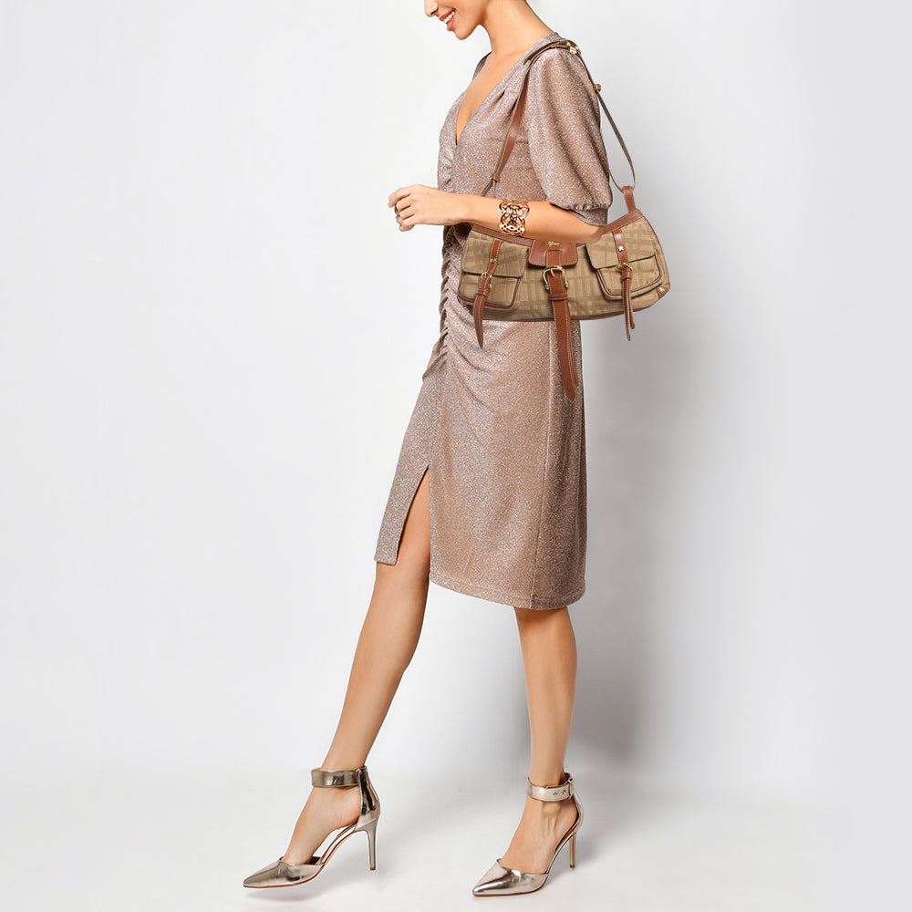 BURBERRY Beige/Brown Check Fabric and Leather Double Pocket Shoulder Bag