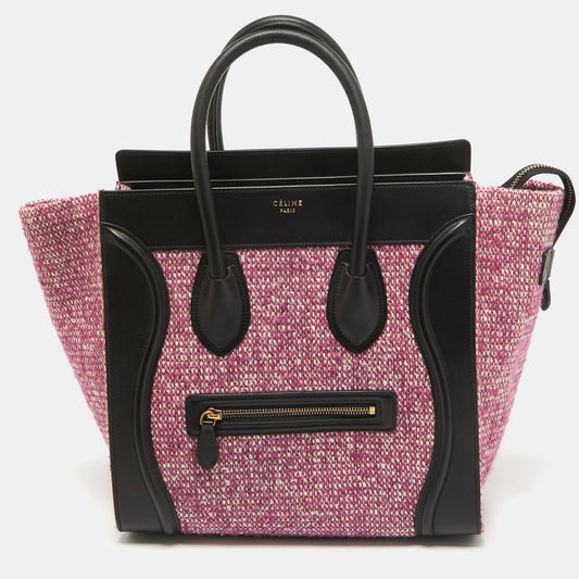 CELINE Black/Fuchsia Knit Fabric and Leather Mini Luggage Tote