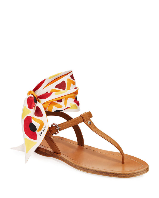 Prada Saffiano Leather Sandals With Scarf Tie