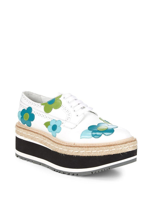 PRADA White Floral Leather Platform Espadrille Oxford Sneakers