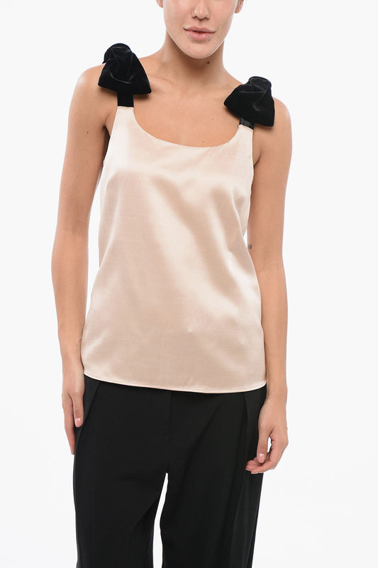Chloe Satin Top with Velour Bow Straps 36 Beige