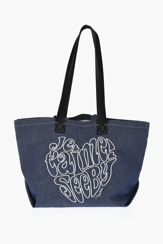 Chloe SEE BY Denim Tote Bag with Embossed Embroidery ONE SIZE Blue